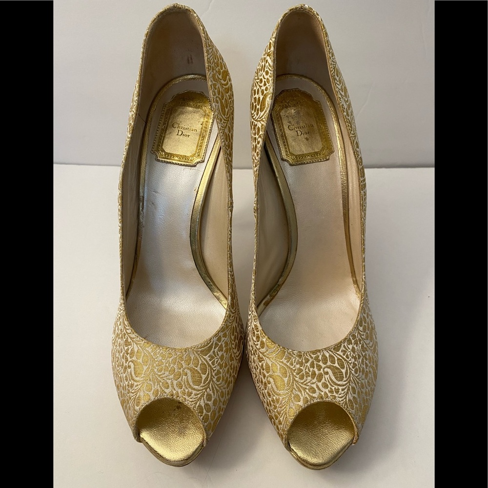 Christian Dior open toe pumps heels fabric leather gold 39.5 - Picture 4 of 14